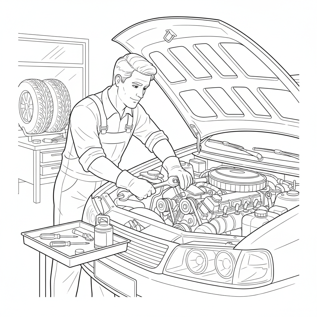 Car Mechanic Fixing Engine - Free Printable Coloring Page Car Mechanic Fixing Engine - Free Printable Coloring Page