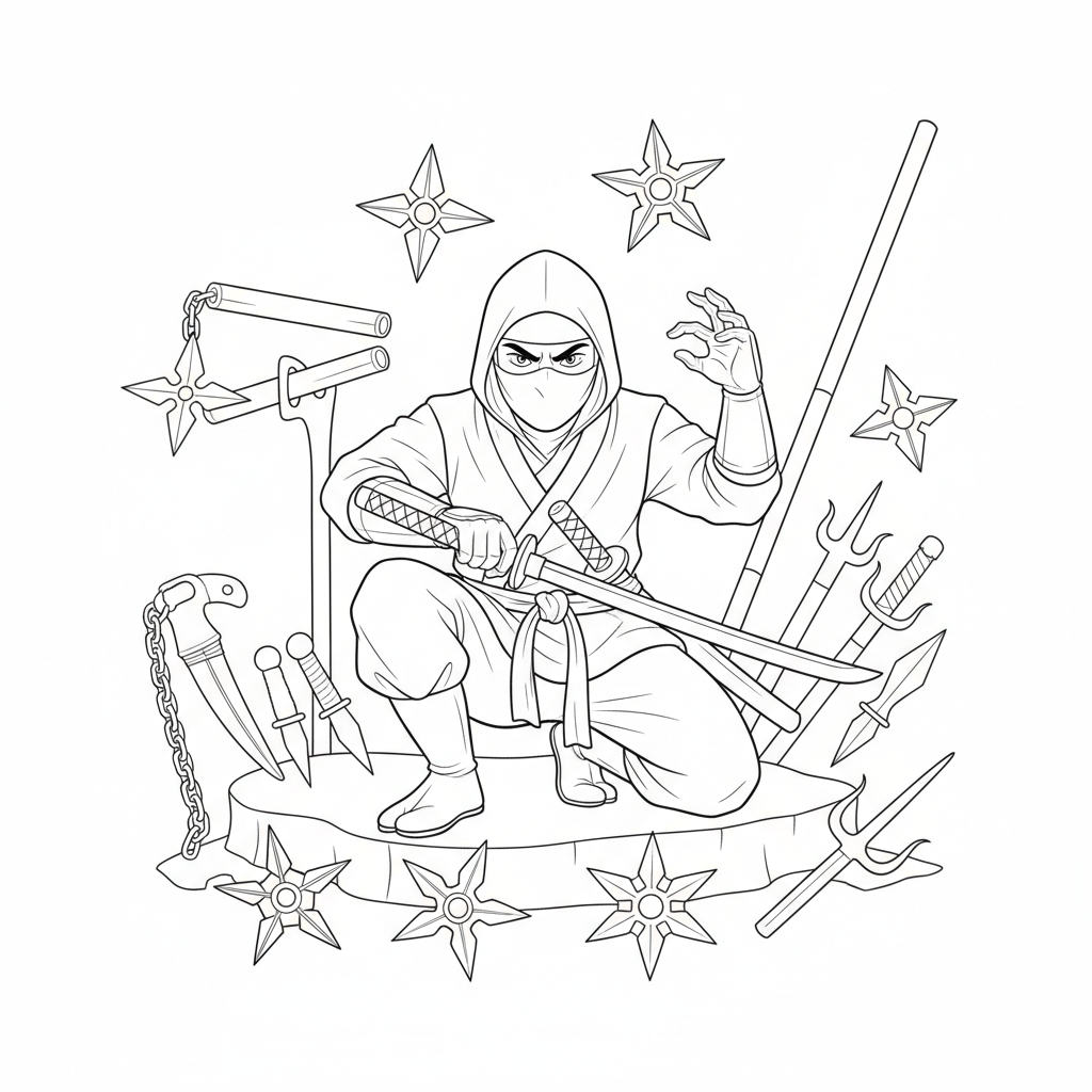 Ninja With Weapons Collection - Free Printable Coloring Page Ninja With Weapons Collection - Free Printable Coloring Page